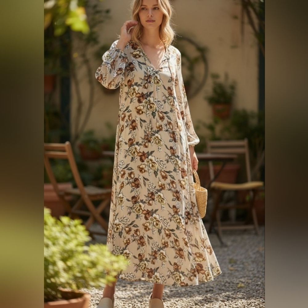NATURAL LIFE Long Sleeve Maxi Dress Womens Small Cottagecore Prairie Boho Folk